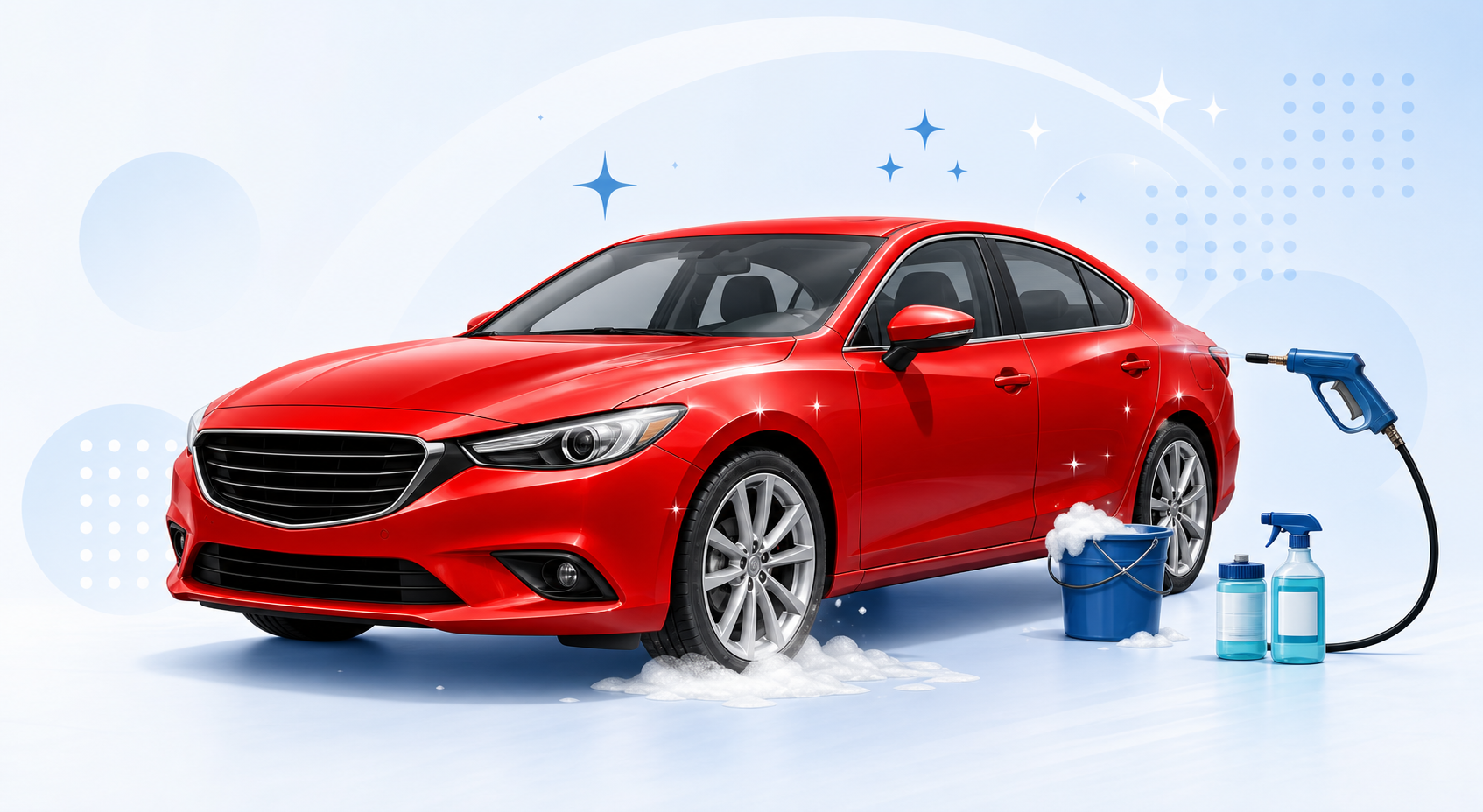 Glossy red sedan with auto detailing supplies, foam, and pressure washer
