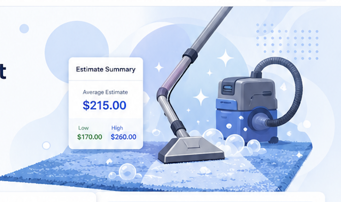 Carpet cleaning machine and wand cleaning a blue rug with an estimate summary card