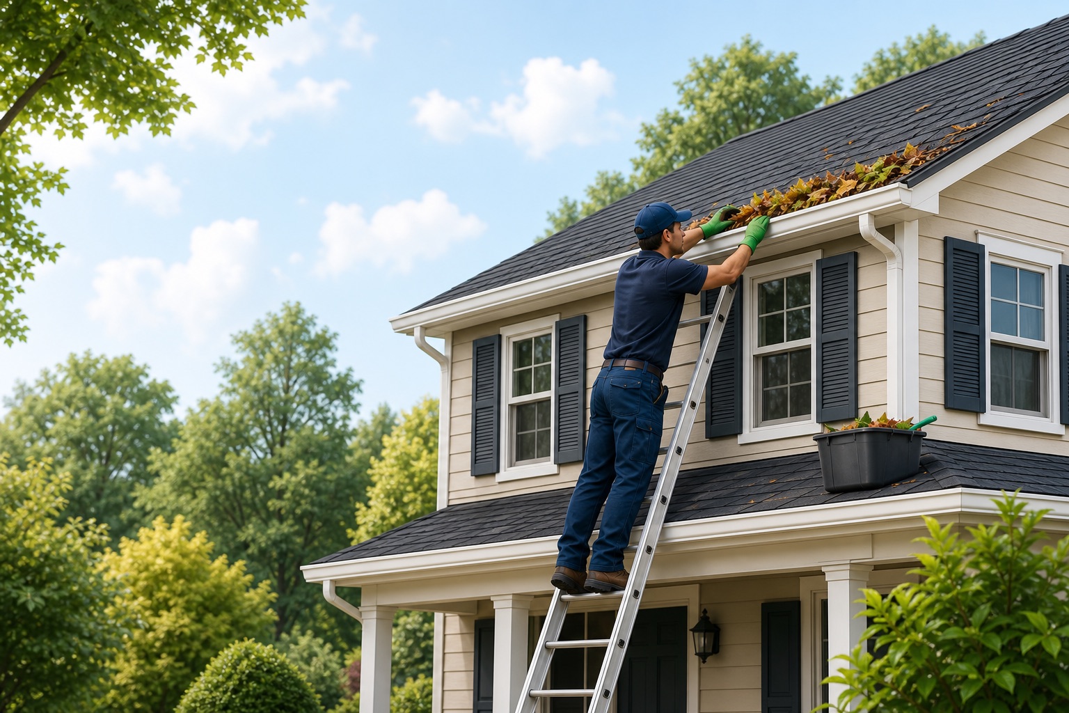 Gutter cleaning professional removing leaves from a two-story home with a ladder and debris container