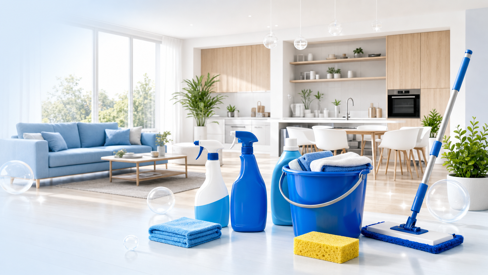 Bright clean living room and kitchen with blue cleaning supplies, mop, bucket, cloths, and sponge