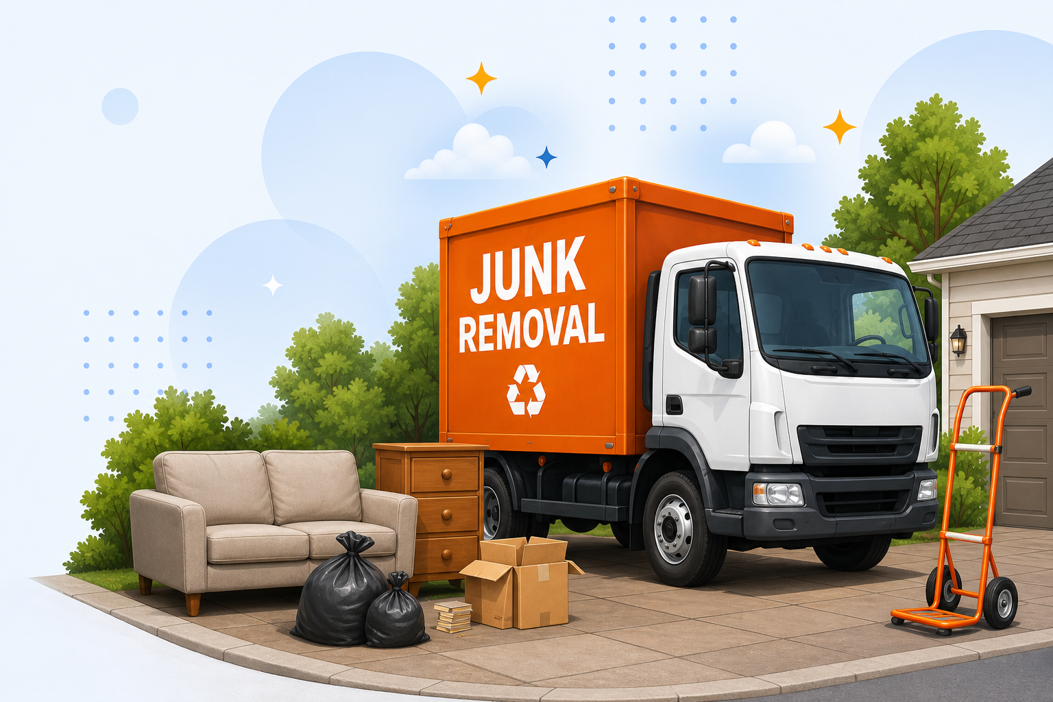 Orange junk removal truck with couch, dresser, boxes, bags, dolly, garage, and greenery