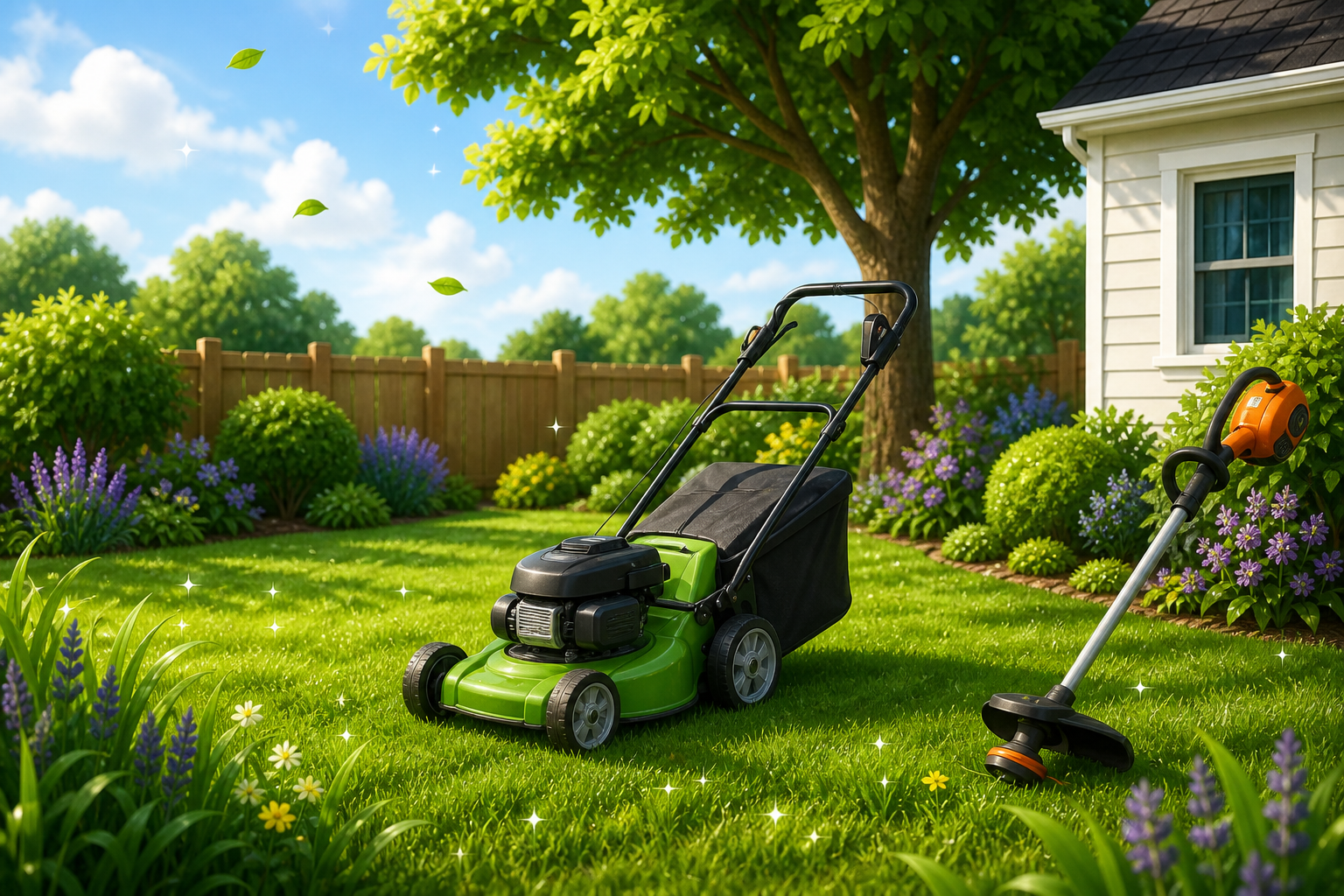Green lawn mower and orange grass trimmer in a freshly cut yard with flowers and a shade tree