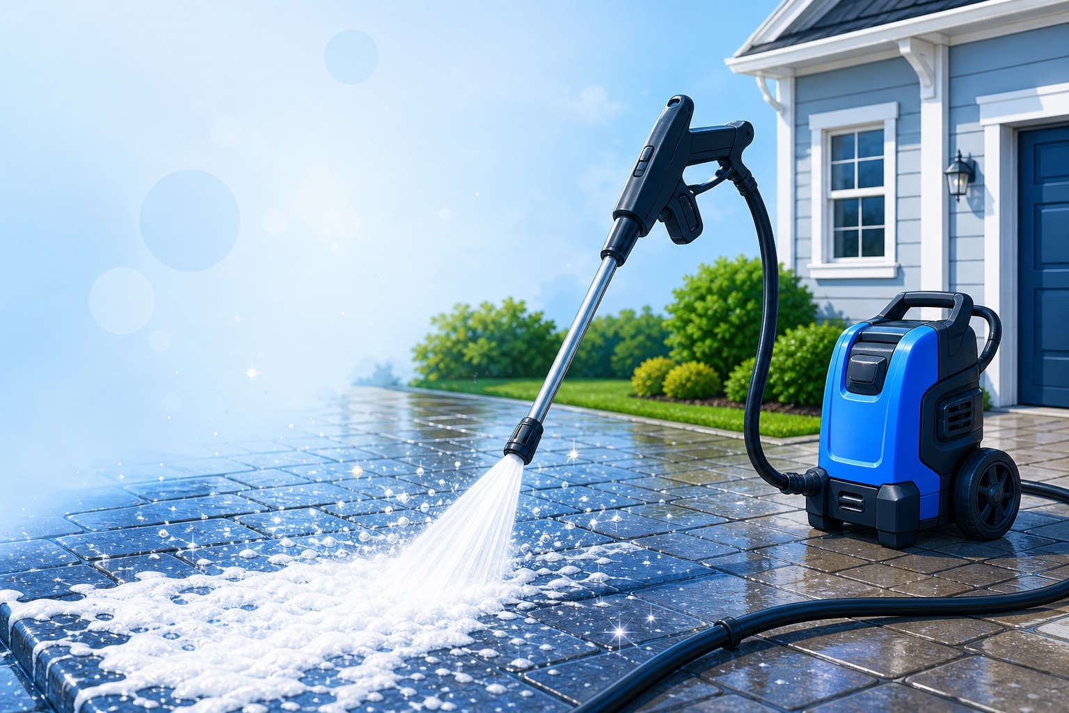 Blue pressure washer spraying water and foam across a stone driveway
