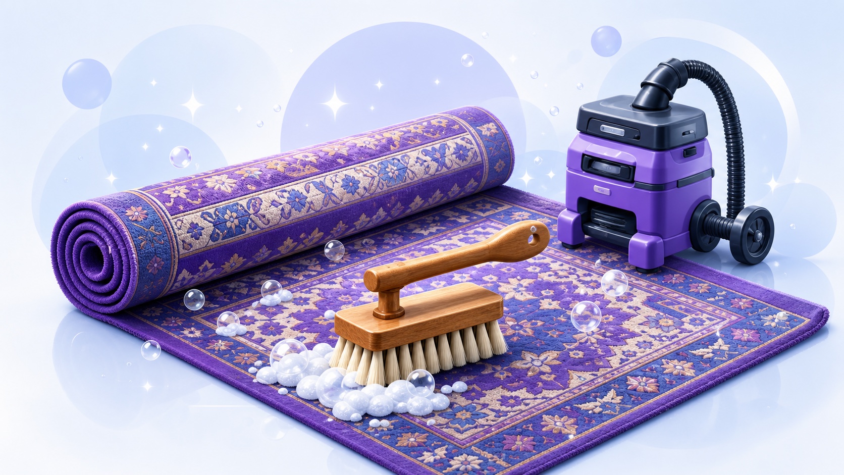 Purple patterned rug with a cleaning extractor, wooden brush, foam, and bubbles