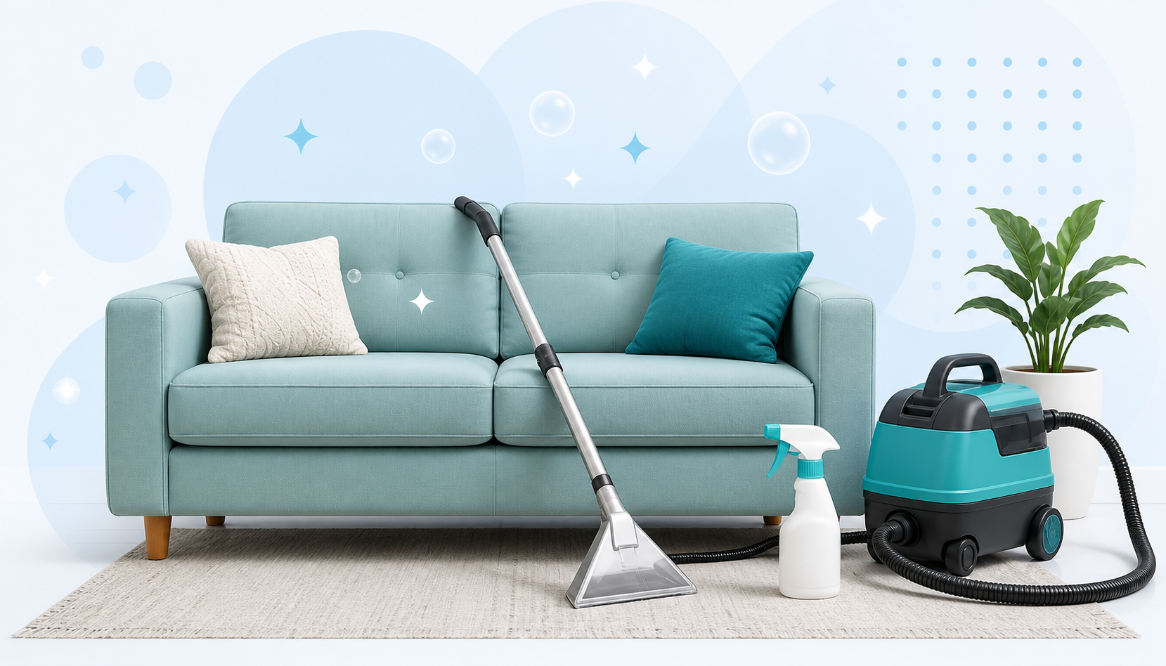 Light teal sofa with an upholstery extractor wand, cleaning machine, spray bottle, bubbles, and a plant